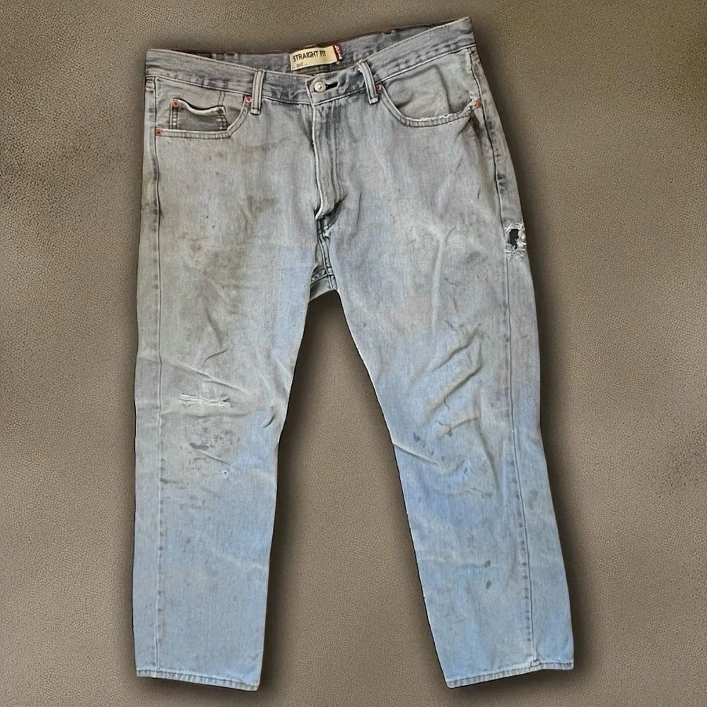 Levis 505 Jeans‎ Mens 38x32 Medium Wash Straight Fit Denim Work Grunge Thrashed
